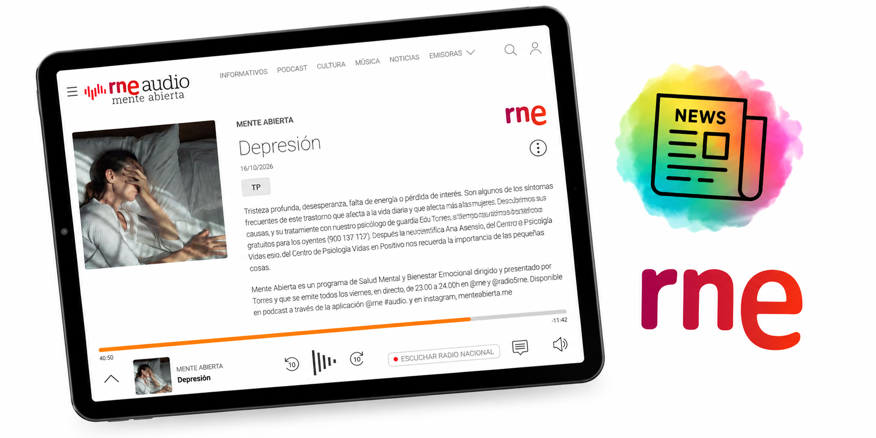 Tableta con podcast de RNE y acuarela editorial
